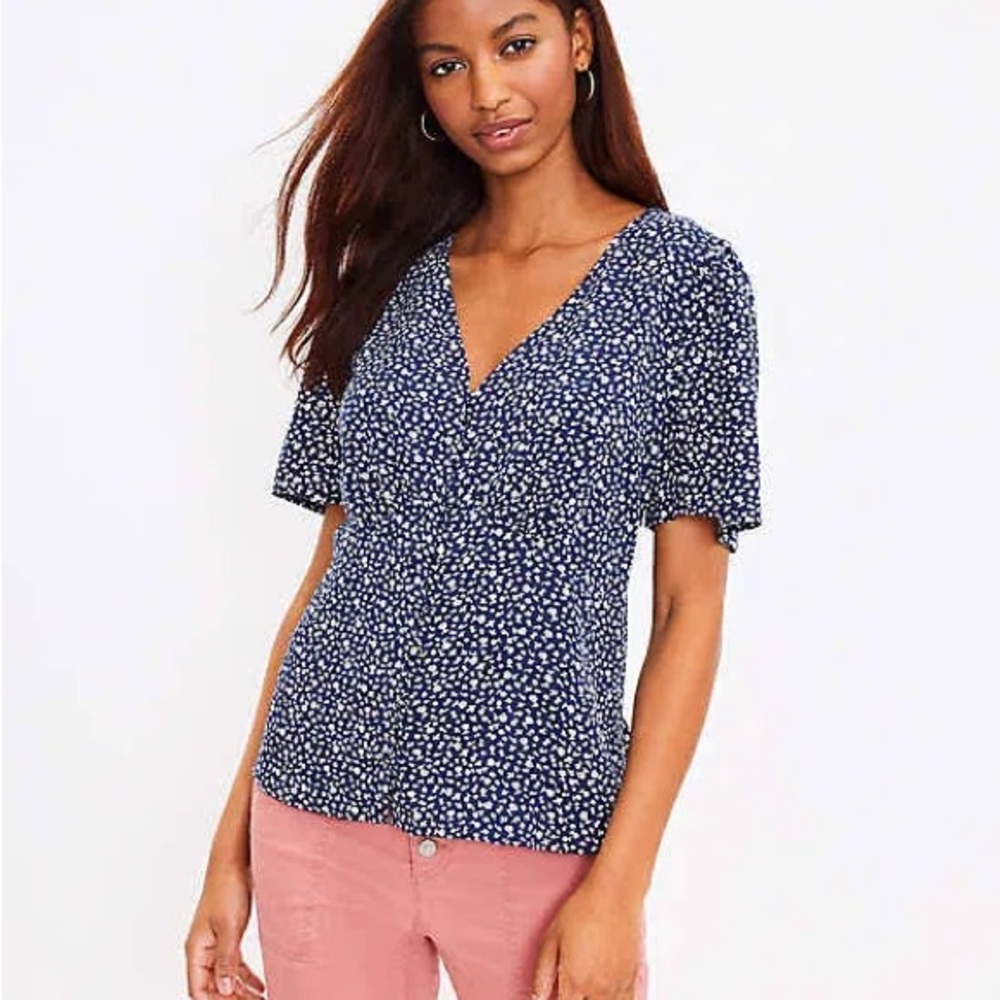 LOFT Garden V-Neck Blue and White Flutter Sleeve Button Blouse